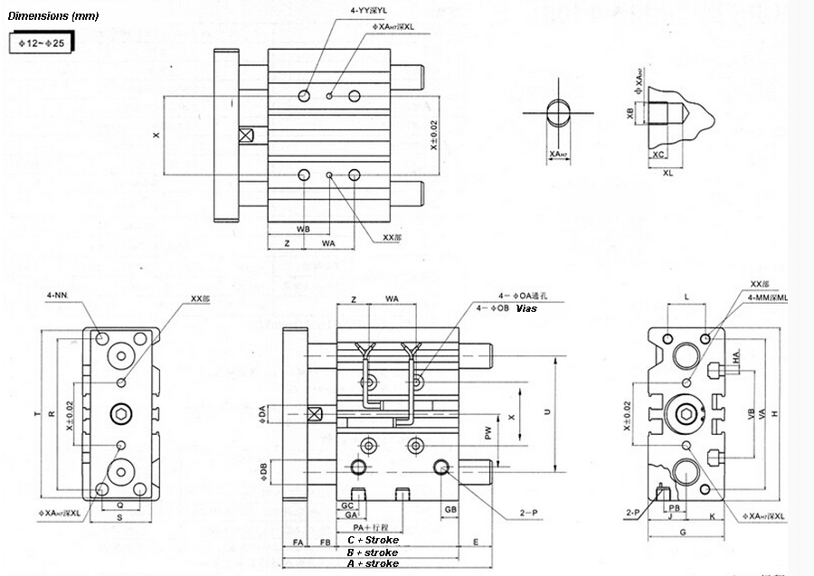 Three cylinder SMC type guide cylinder Bore 12mm MGPL12-100mm